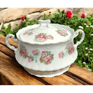Antique Lidded Tureen Elbogen Austria Porcelain Pink Wild Rose Design Gold Gild